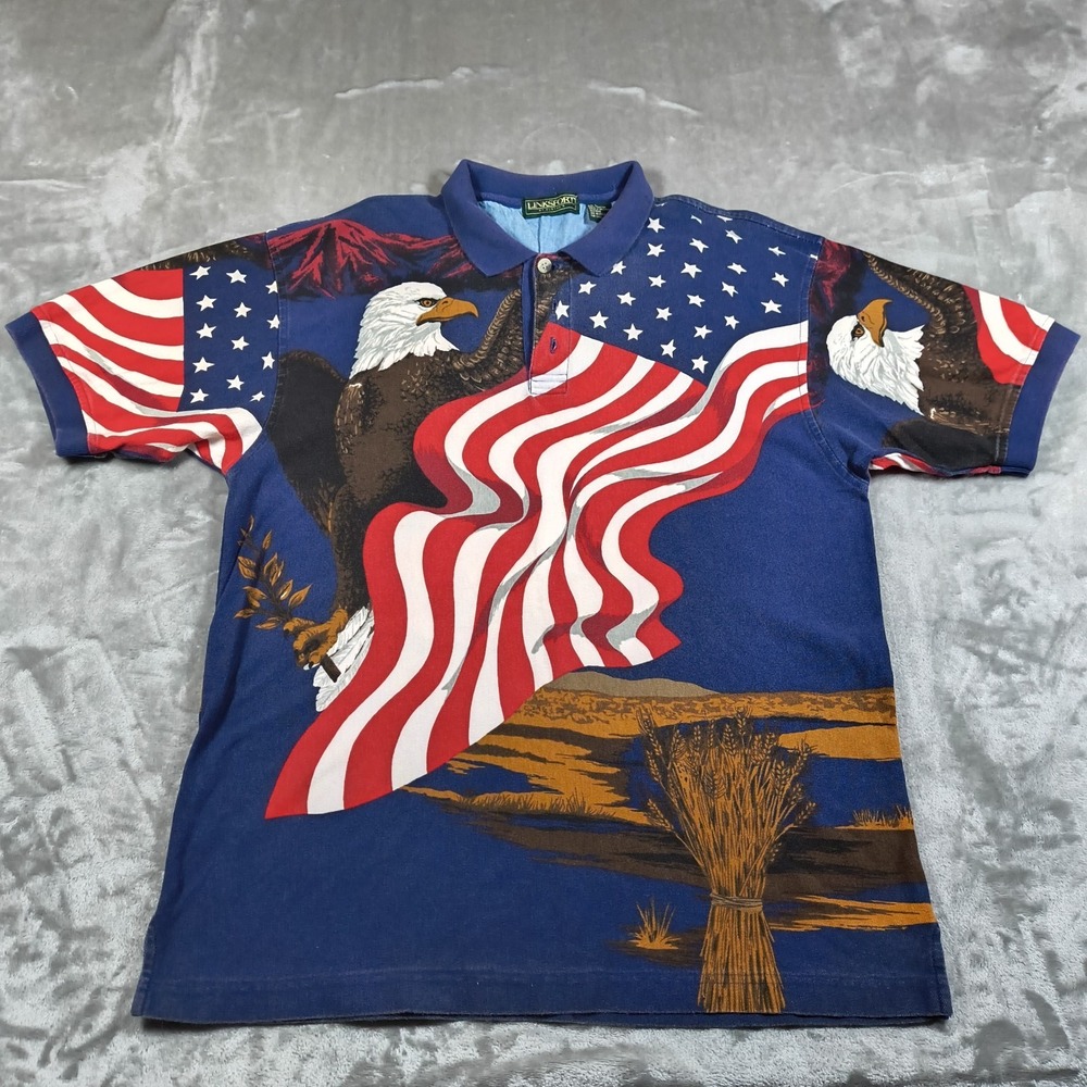 Vintage Bald Eagle Polo Shirt Mens Large American Flag Patriotic All Over Print